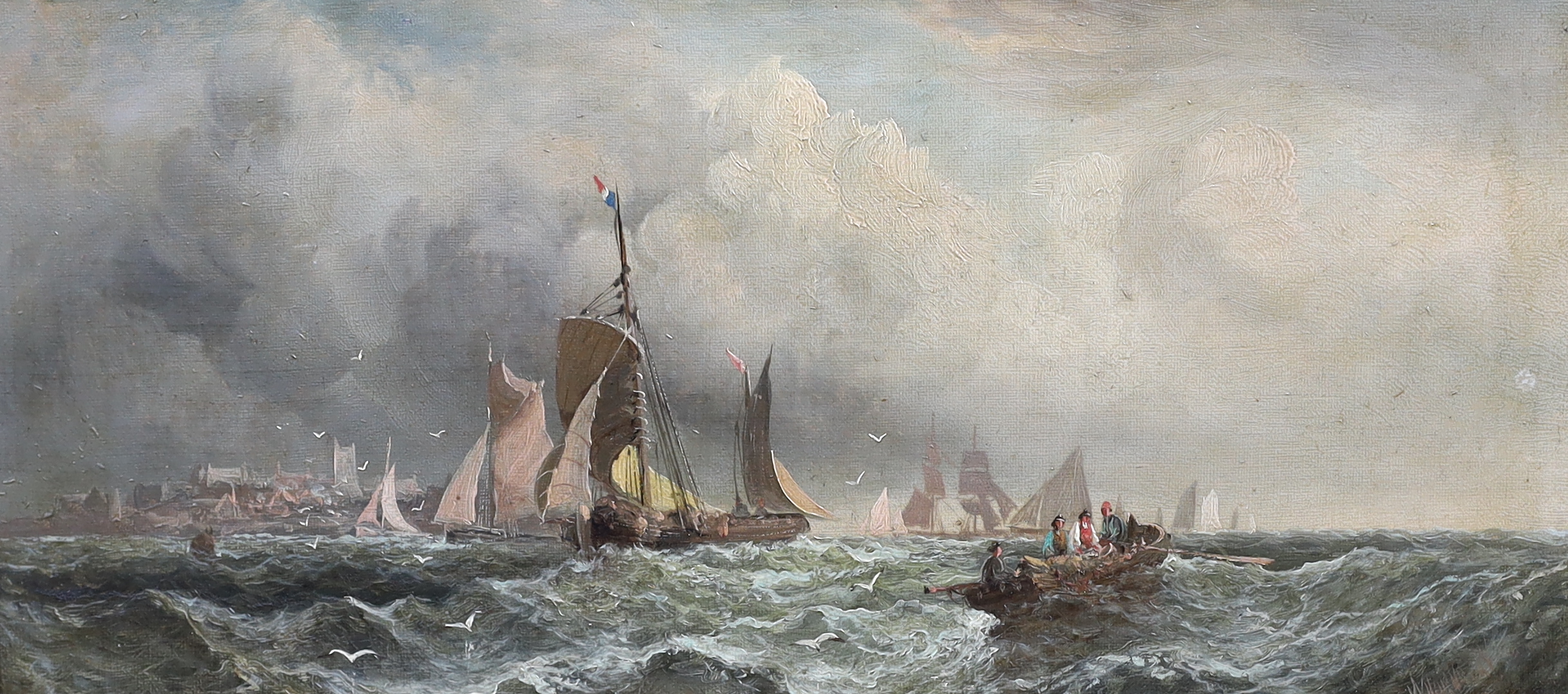 William Thornley (English, 1857-1935), Shipping off the coast, oil on canvas, 18.5 x 39cm